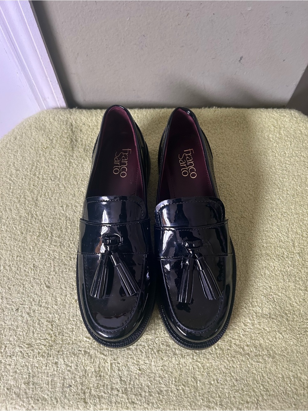 NWOB Franco Sarto Black Patent Tassel Loafers Sz 7.5